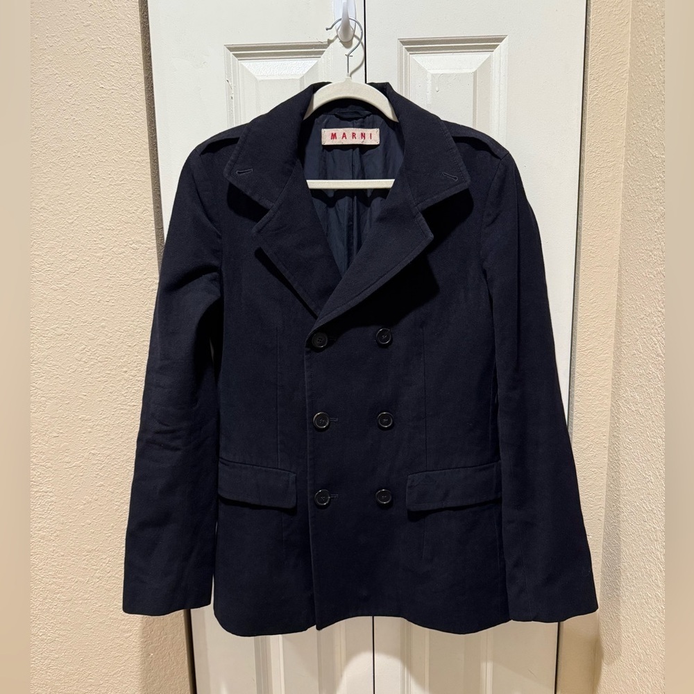 Marni Wool Blazer Coat Womenâs Navy Double Breasted , Size 48 It/Size 12us